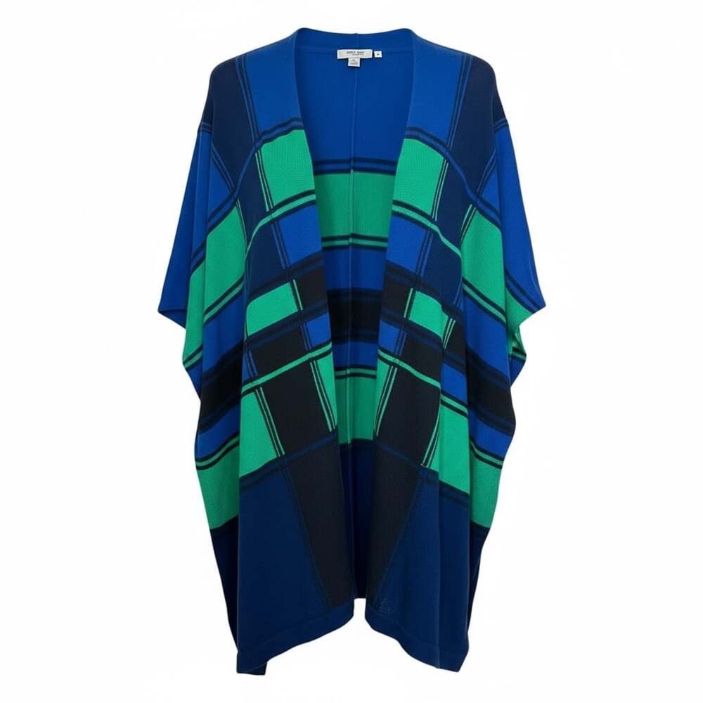 Per Se by Carlisle 100% Wool Colorblock Plaid Open Front Cape Poncho S/M